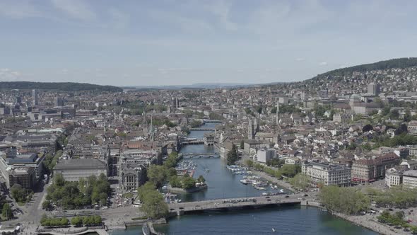 4k ungraded drone Aerial view of Zurich  city waterfront in Switzerland