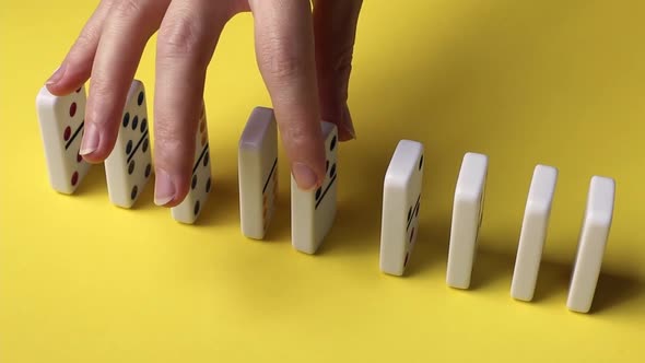 The hands of a young caucasian woman put dominoes in a row.