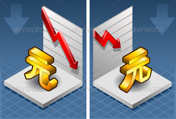 Isometric Yuan Renminbi with Red Arrow Down - Conceptual Vectors