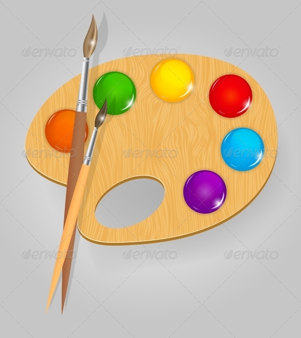 Wooden Art Palette with Paints and Brushes - Miscellaneous Vectors