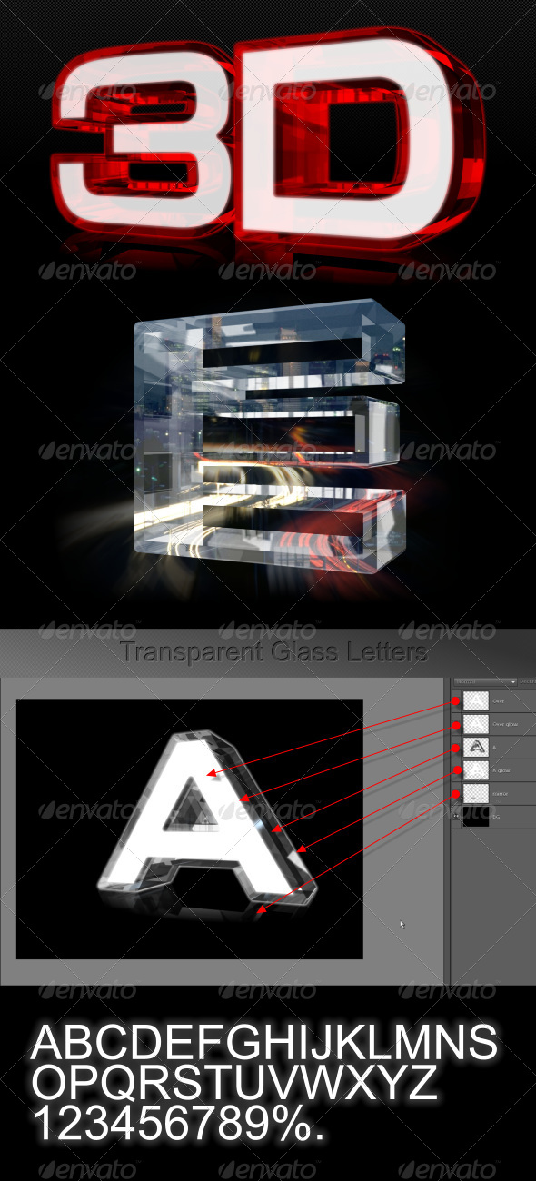 Transparent Glass Glow Letters - Text 3D Renders