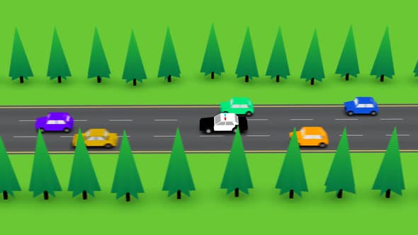 The police car speeding on a busy road, The vehicle is going fast between cars. alt