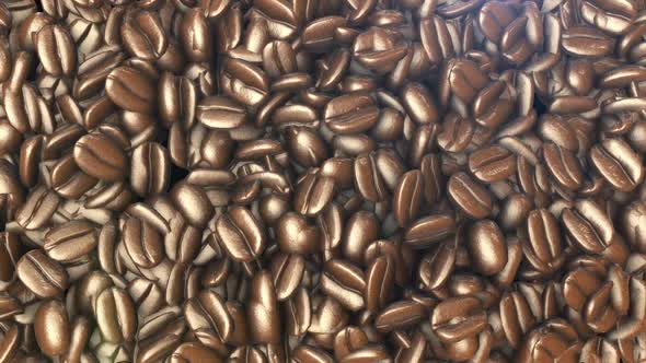 A beautiful background of coffee beans. 3D animation of coffee beans view from above