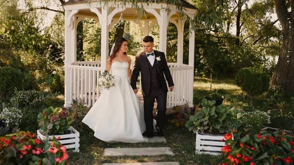 Newlyweds Got Married Groom and Bride Walking on Summer Sunny Day in Nature Near White Alcove Arbor alt