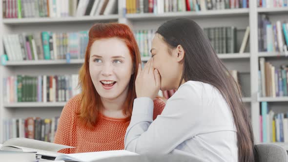 Female College Friends Whispering and Laughing at the Library alt