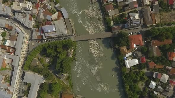 Bird Eye View of Kutaisi City on Banks of Rapid Rioni River, Travel to Georgia alt