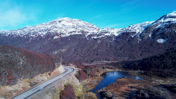 Patagonia road at Ushuaia Argentina province of Tierra del Fuego. Stunning road between nevada mount alt