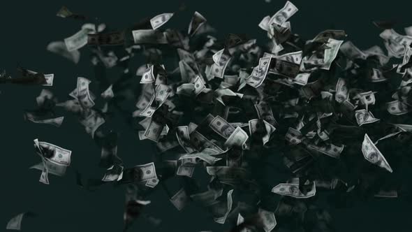 the appearance of money from the dark 100 bills fly into the camera 3d animation alt