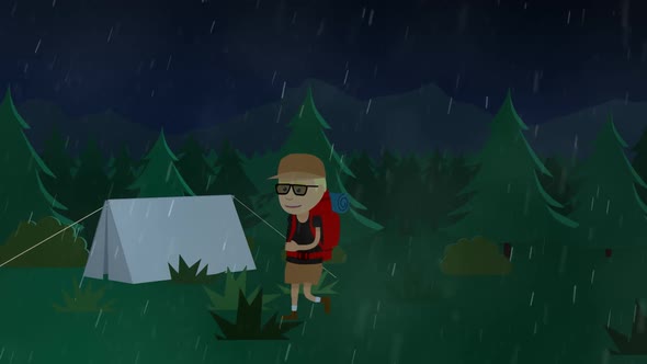 The rainfall with bolts of lightning. The tourist with the backpack is hiking.