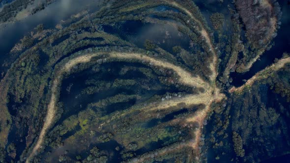 Spring flood, overflow of a large river from a bird's eye view.