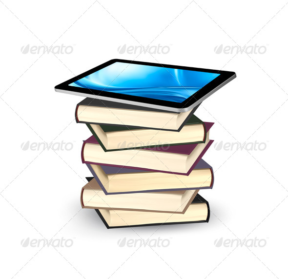 Tablet on a Stock of Books E-Book Capacity Concept - Technology Conceptual