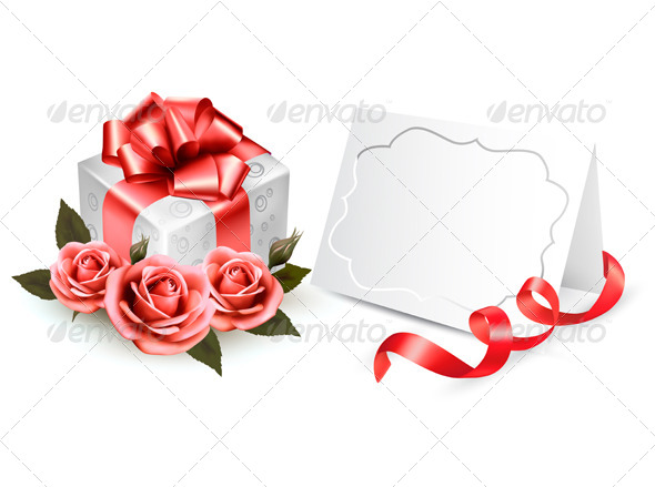 Greeting Card with a Ribbon a Present and Roses - Seasons/Holidays Conceptual