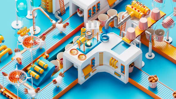 Colourful animation of preparation fried chicken. Fast-food production process. alt