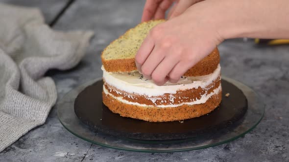 Confectioner Woman is Putting Top Sponge Cake on Cream Making Cake Hands Closeup