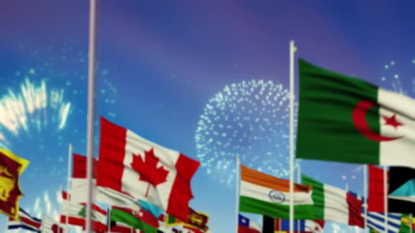 Iran Flag With World Globe Flags And Fireworks  alt