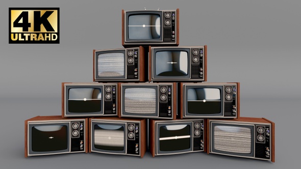 Pile Of Retro Tvs With Green Screen Turning On And Off