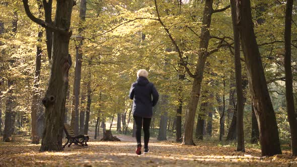 Sporty Aged Woman Running Along Park Alley alt