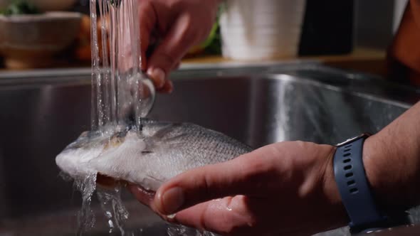 Cleaning Fish on Water Jet Before Cooking. alt