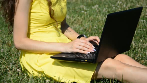 Closeup of Female Hands Typing on Laptop in Summer Park alt