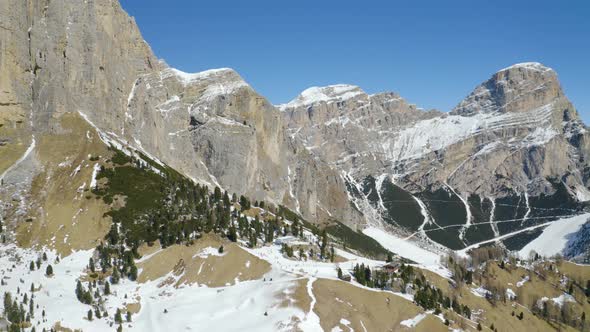 Aerial, Breathtaking View On Snowy Dolomites Mountains, Huge Peaks And Beautiful Winter Landscape