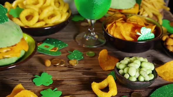 St Patrick`s holiday party food and beer background alt