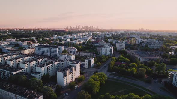 Aerial Panoramic View of the City in Sunset Drone Footage