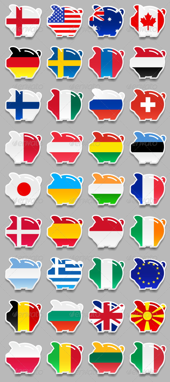 36 icons Piggy Bank Flags - Vectors