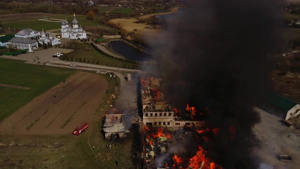 Fire in monastery, friary, 12.04.20, Ukraine, Lypki, Rivne region. Firefighters at work.