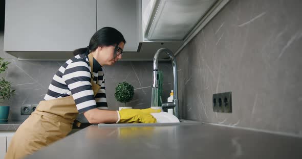 Attractive Young Caucasian Housewife Using Natural Cleaning Detergent to Wash White Plate Dishes alt