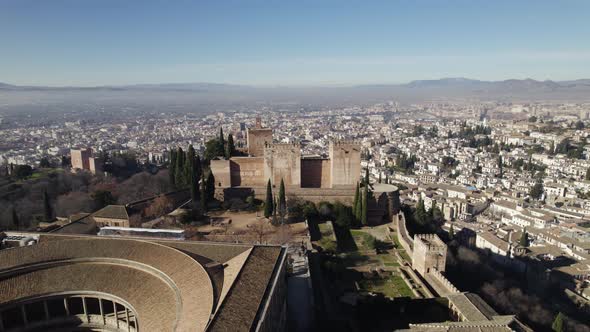 Stunning aerial backward view of palace and fortress complex of Alhambra. Granada, Spain