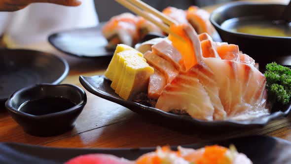 Salmon sashimi in restaurant
