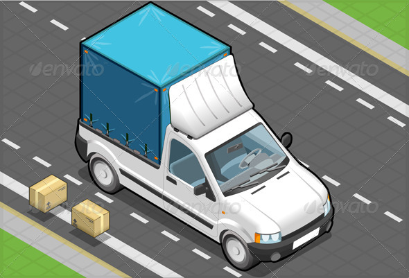 Isometric White Pickup Van with Blue Tarpaulin - Objects Vectors