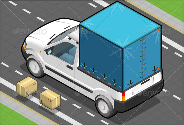 Isometric White Pickup Van with Blue Tarpaulin - Objects Vectors
