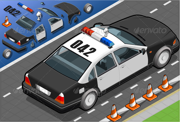 Isometric Police Car in Rear View - Objects Vectors