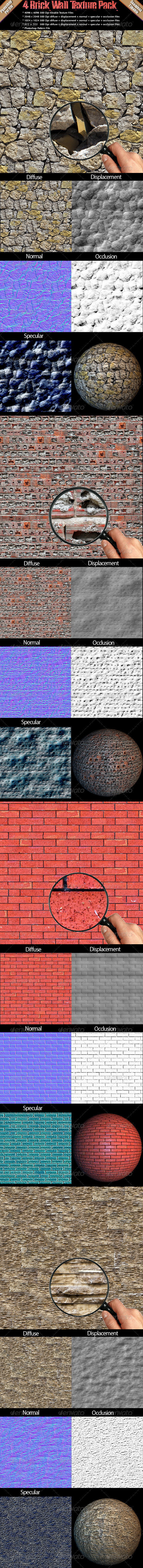 4 Brick Wall Texture Pack - 3DOcean Item for Sale
