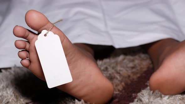 The Dead Man's Body with Blank Tag on Feet Under White Cloth in a Morgue alt