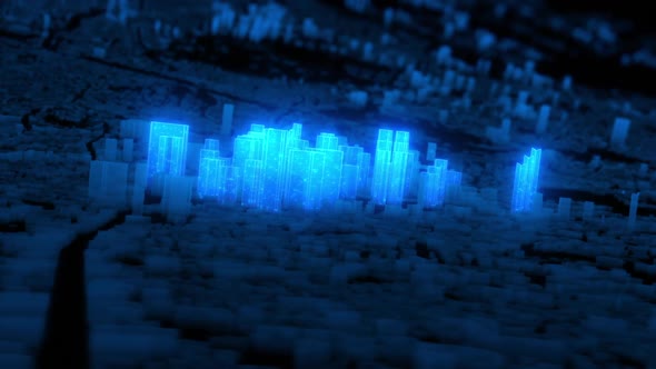Big city. animation of a large holographic city with parallax effect and distorted perspective alt