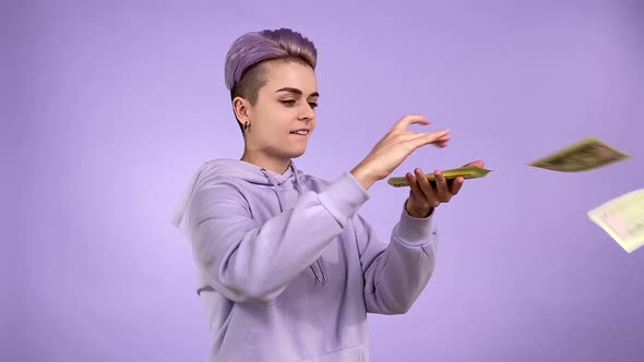 Young Person Gen Z Throwing Bunch Money Around Scattering Banknotes alt