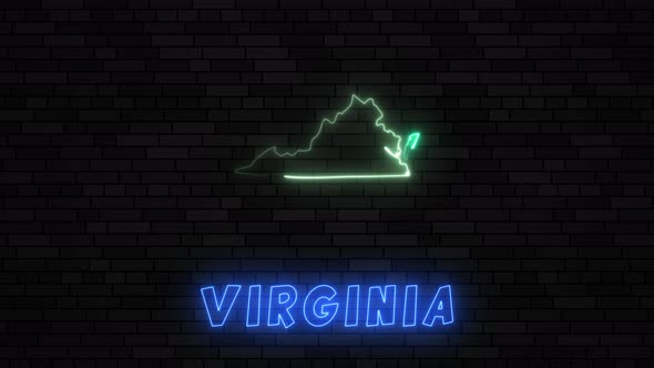 Commonwealth of Virginia map silhouette with a neon line on a dark brick wall background alt