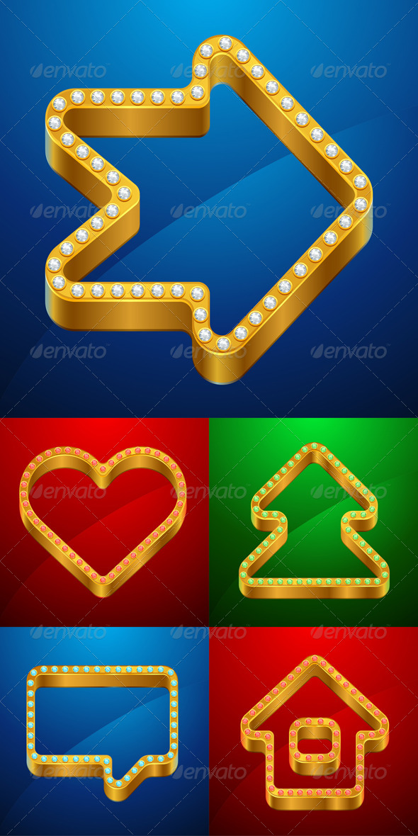 Gold Icons of House, Bubble, Heart, Tree. - Web Technology