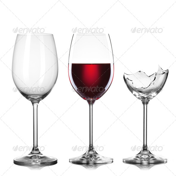 empty, full of wine and broken wineglasses isolated on white - Stock Photo - Images
