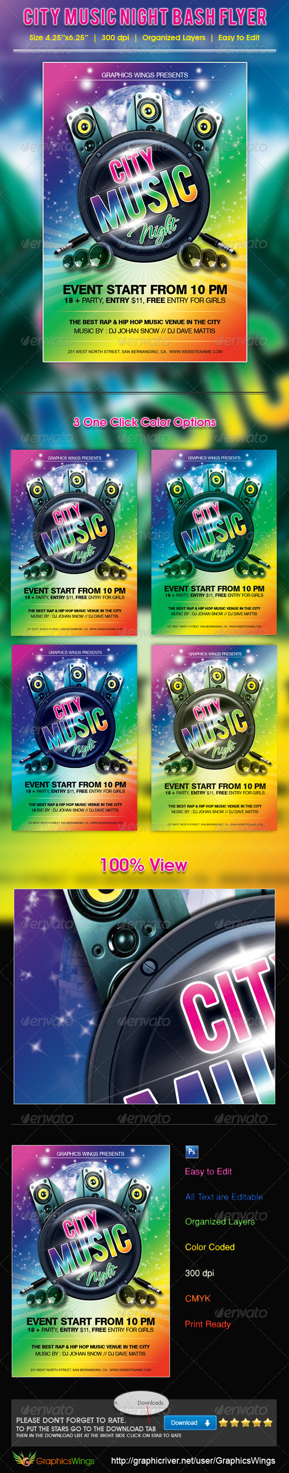 City Music Night Bash Flyer Template - Clubs & Parties Events