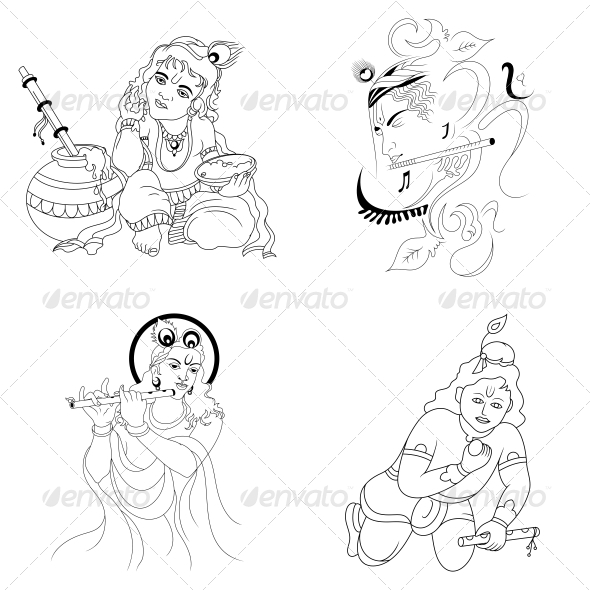 Hindu Lord Krishna Religious Vector Designs Pack - Religion Conceptual
