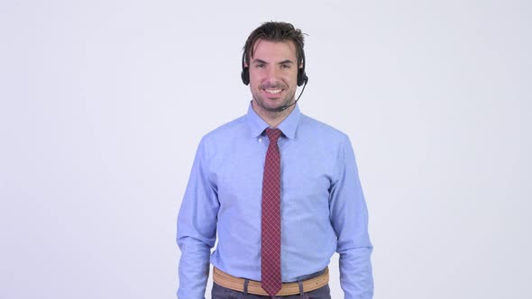 Young Happy Hispanic Businessman As Call Center Representative alt