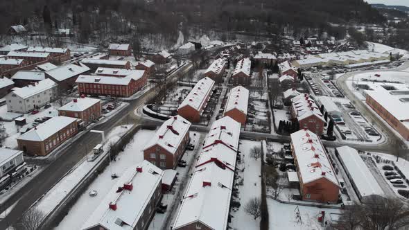 Charming Snowy Town in Sweden Residential Area Jonsered Aerial Circling