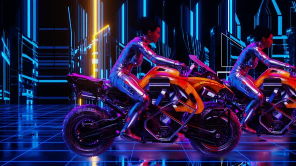 Vj Loop Animation Of A Girl Riding A Motorcycle In A Neon Cyber City 02