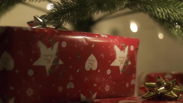 Closeup of Packed Christmas Gifts Under Decorated New Year Tree