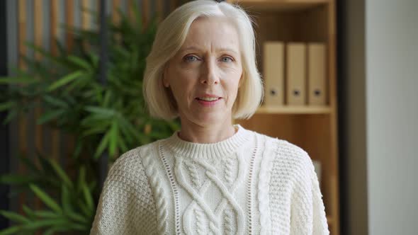 Portrait of a Beautiful Elderly Woman with Gray Hair, She Smiles Standing at Home alt