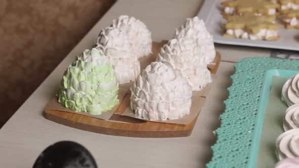 Marshmallow Cones. Marshmallows Are Spread Out On The Table Surface. Close Up Shot. alt