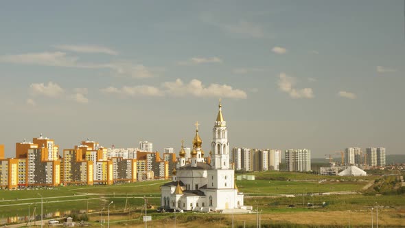 Church of the Holy God's Builders at Sunset Against the Backdrop of a Clear Sky 